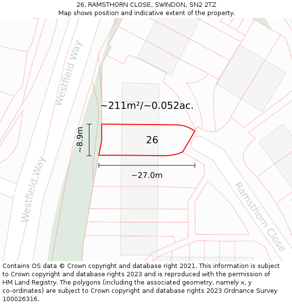 26, RAMSTHORN CLOSE, SWINDON, SN2 2TZ: Plot and title map