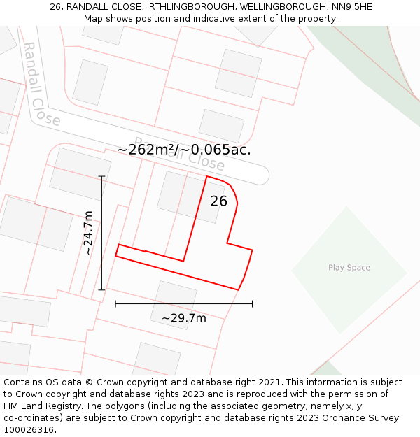 26, RANDALL CLOSE, IRTHLINGBOROUGH, WELLINGBOROUGH, NN9 5HE: Plot and title map