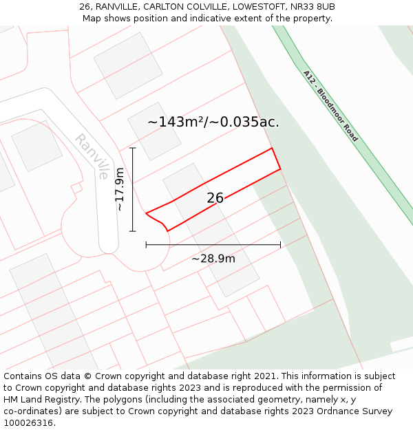 26, RANVILLE, CARLTON COLVILLE, LOWESTOFT, NR33 8UB: Plot and title map