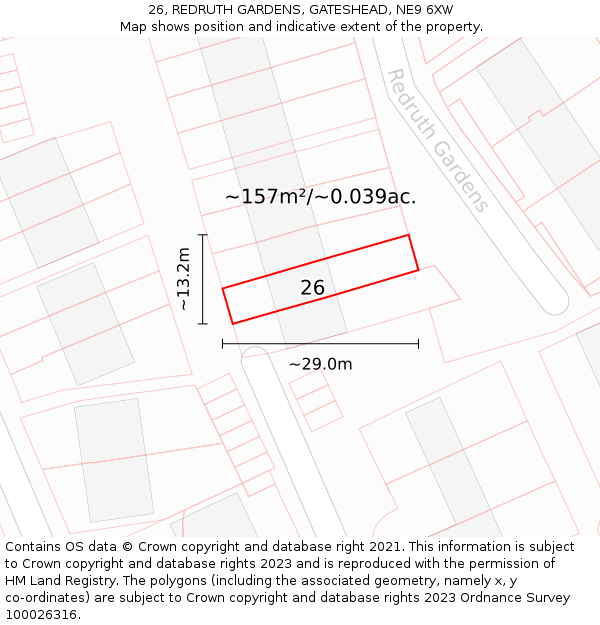 26, REDRUTH GARDENS, GATESHEAD, NE9 6XW: Plot and title map