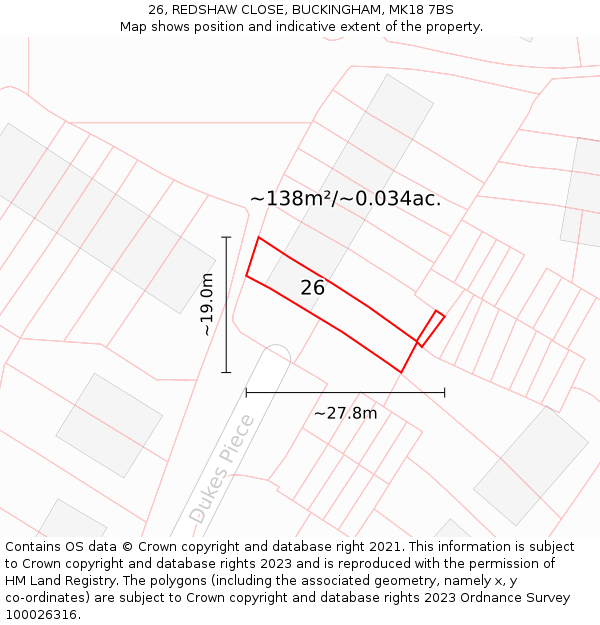 26, REDSHAW CLOSE, BUCKINGHAM, MK18 7BS: Plot and title map