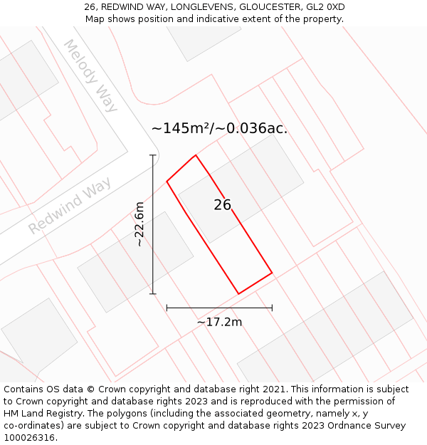 26, REDWIND WAY, LONGLEVENS, GLOUCESTER, GL2 0XD: Plot and title map