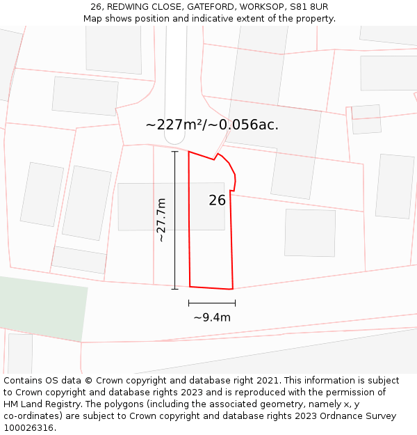 26, REDWING CLOSE, GATEFORD, WORKSOP, S81 8UR: Plot and title map