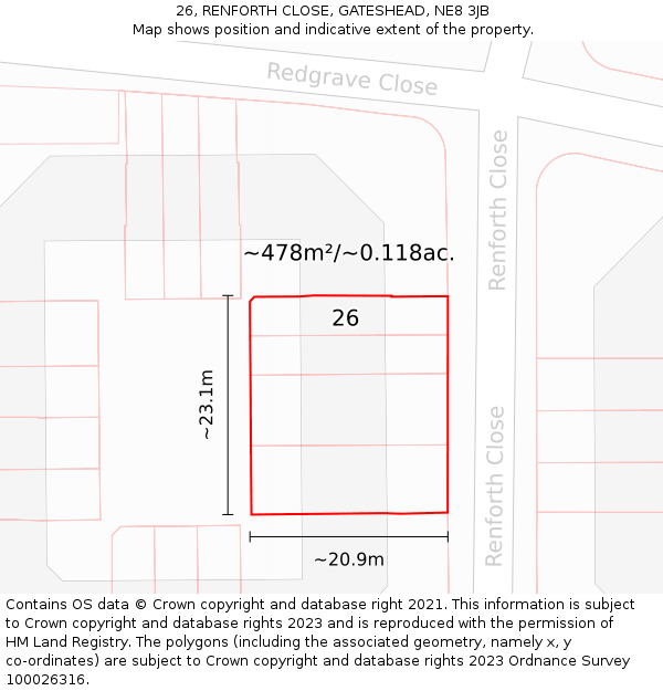 26, RENFORTH CLOSE, GATESHEAD, NE8 3JB: Plot and title map