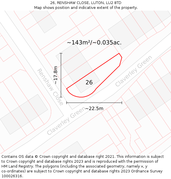 26, RENSHAW CLOSE, LUTON, LU2 8TD: Plot and title map