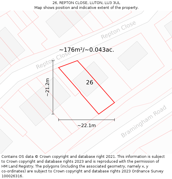 26, REPTON CLOSE, LUTON, LU3 3UL: Plot and title map