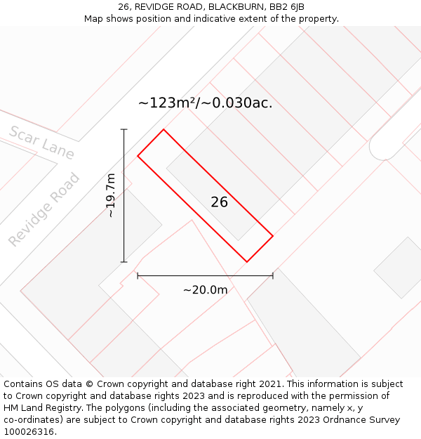 26, REVIDGE ROAD, BLACKBURN, BB2 6JB: Plot and title map