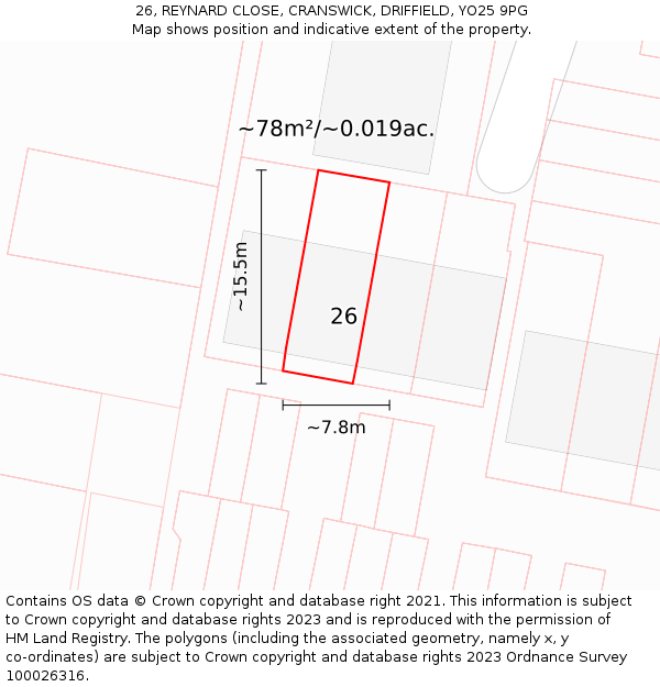 26, REYNARD CLOSE, CRANSWICK, DRIFFIELD, YO25 9PG: Plot and title map