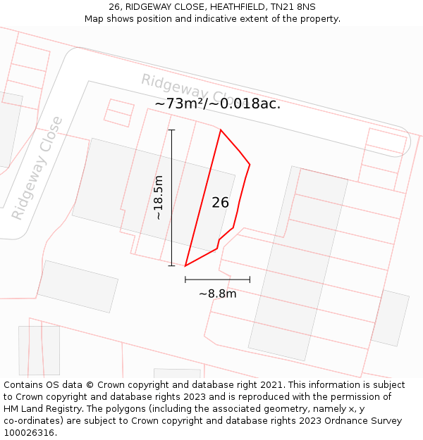26, RIDGEWAY CLOSE, HEATHFIELD, TN21 8NS: Plot and title map
