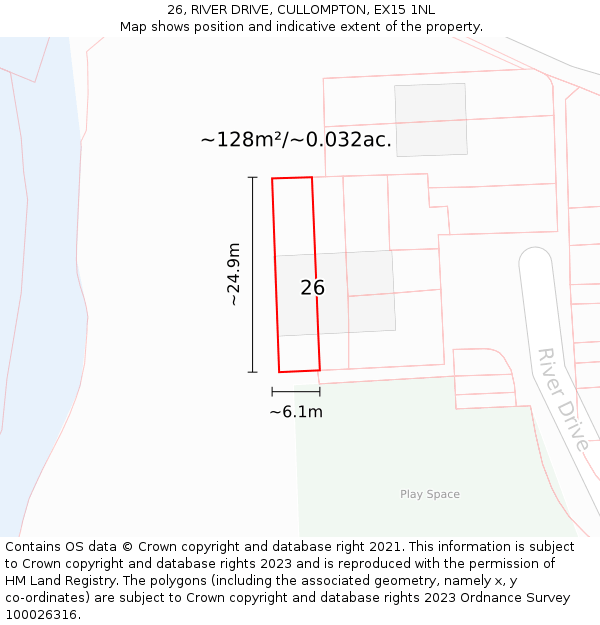 26, RIVER DRIVE, CULLOMPTON, EX15 1NL: Plot and title map