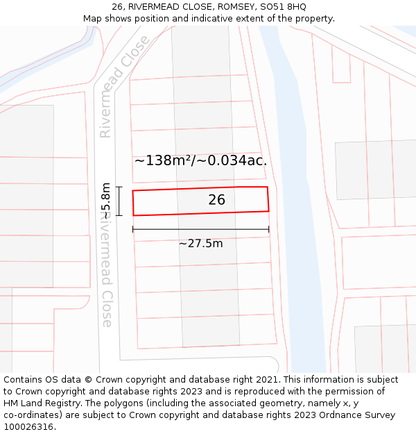 26, RIVERMEAD CLOSE, ROMSEY, SO51 8HQ: Plot and title map