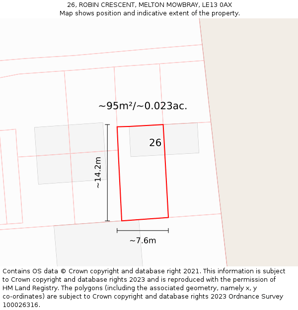 26, ROBIN CRESCENT, MELTON MOWBRAY, LE13 0AX: Plot and title map