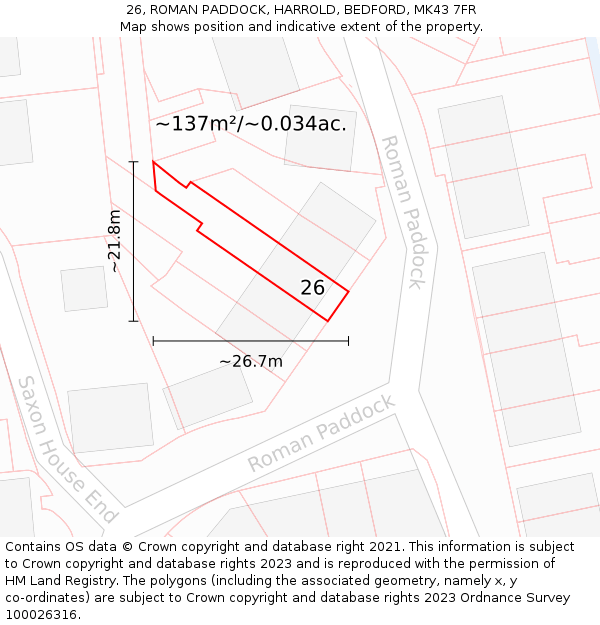 26, ROMAN PADDOCK, HARROLD, BEDFORD, MK43 7FR: Plot and title map