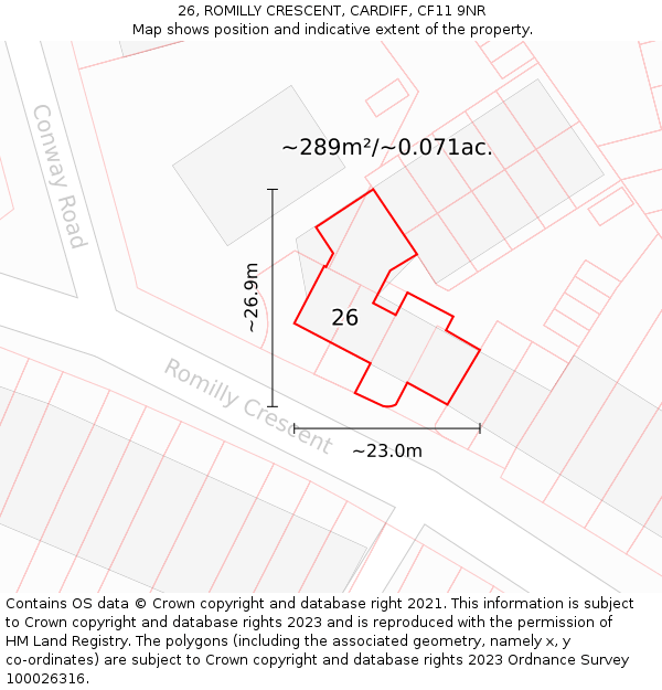 26, ROMILLY CRESCENT, CARDIFF, CF11 9NR: Plot and title map