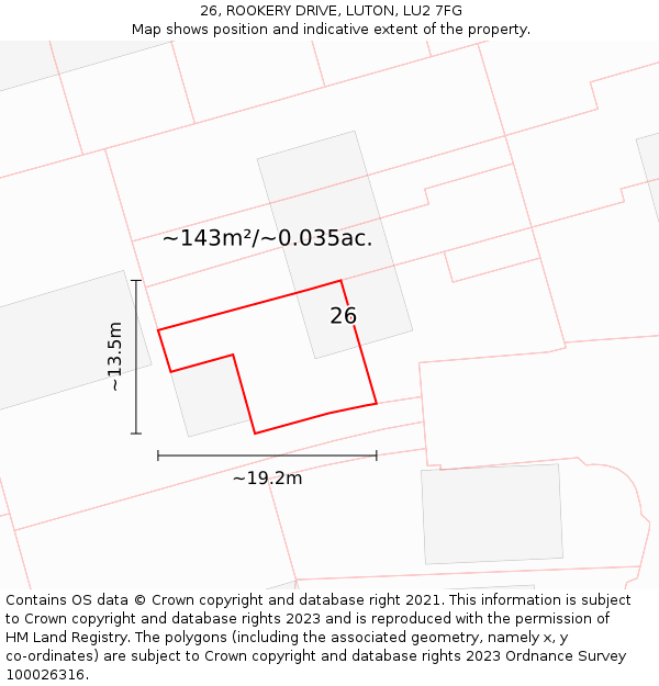 26, ROOKERY DRIVE, LUTON, LU2 7FG: Plot and title map