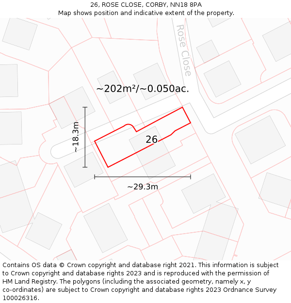 26, ROSE CLOSE, CORBY, NN18 8PA: Plot and title map