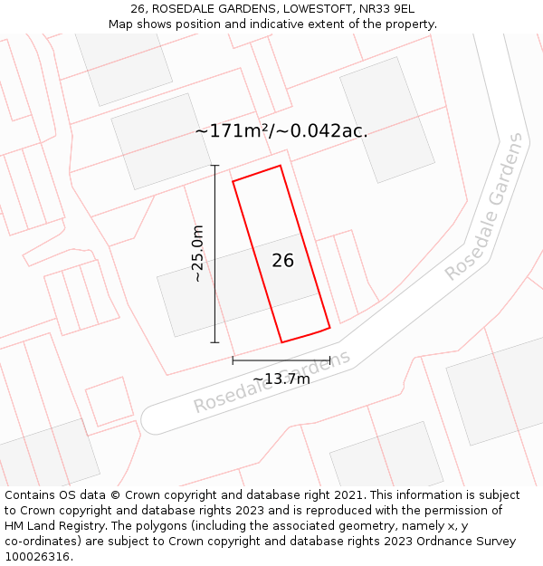 26, ROSEDALE GARDENS, LOWESTOFT, NR33 9EL: Plot and title map