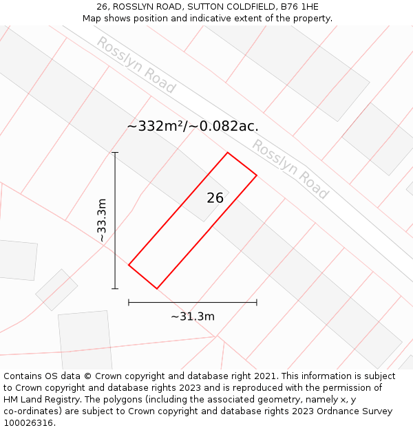 26, ROSSLYN ROAD, SUTTON COLDFIELD, B76 1HE: Plot and title map