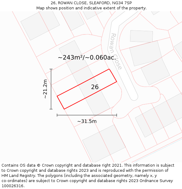 26, ROWAN CLOSE, SLEAFORD, NG34 7SP: Plot and title map