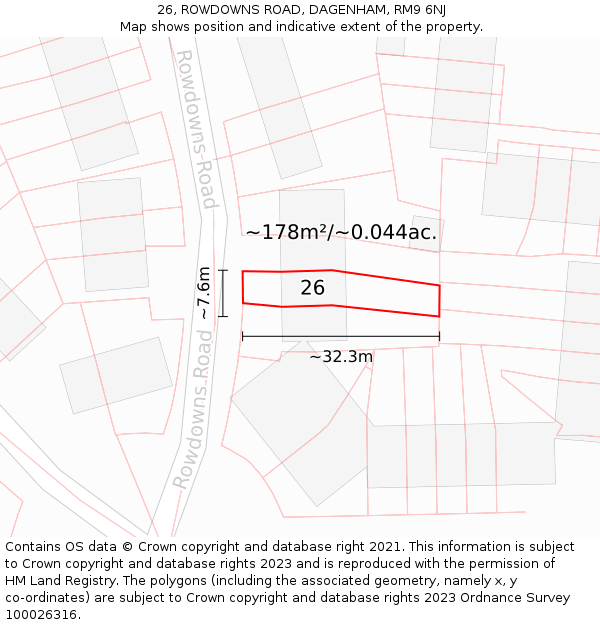 26, ROWDOWNS ROAD, DAGENHAM, RM9 6NJ: Plot and title map