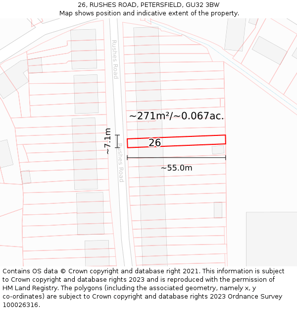 26, RUSHES ROAD, PETERSFIELD, GU32 3BW: Plot and title map