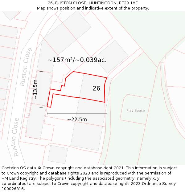 26, RUSTON CLOSE, HUNTINGDON, PE29 1AE: Plot and title map