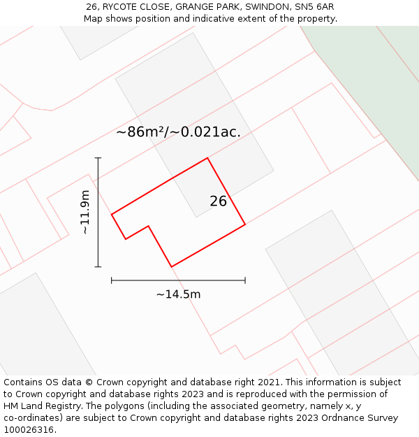 26, RYCOTE CLOSE, GRANGE PARK, SWINDON, SN5 6AR: Plot and title map