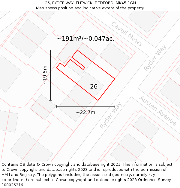 26, RYDER WAY, FLITWICK, BEDFORD, MK45 1GN: Plot and title map
