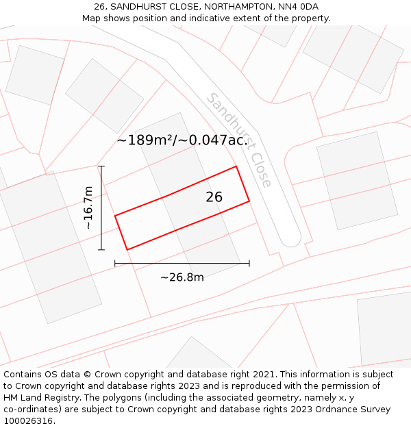 26, SANDHURST CLOSE, NORTHAMPTON, NN4 0DA: Plot and title map