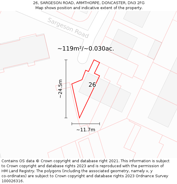 26, SARGESON ROAD, ARMTHORPE, DONCASTER, DN3 2FG: Plot and title map