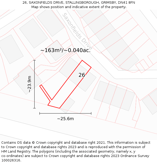 26, SAXONFIELDS DRIVE, STALLINGBOROUGH, GRIMSBY, DN41 8FN: Plot and title map