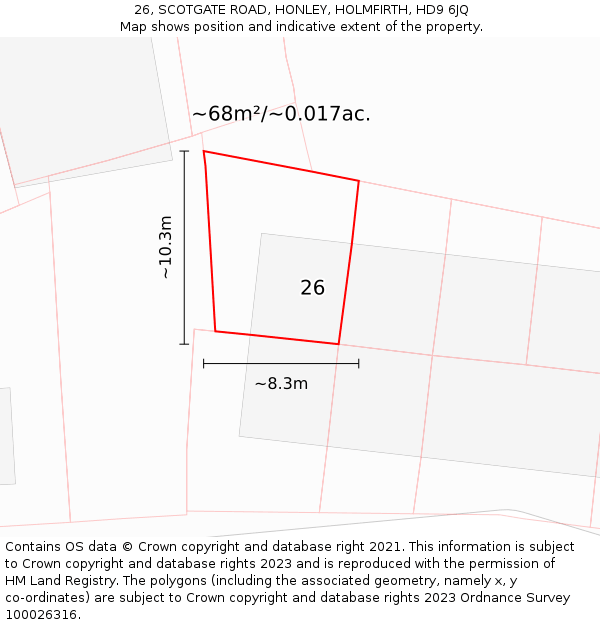 26, SCOTGATE ROAD, HONLEY, HOLMFIRTH, HD9 6JQ: Plot and title map