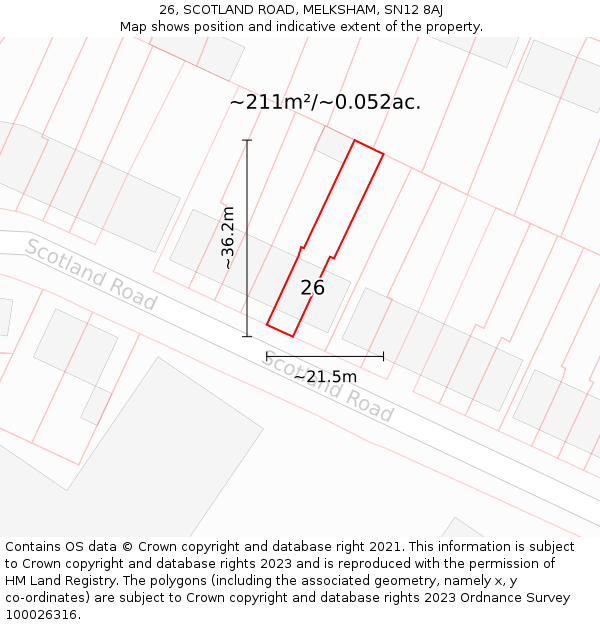 26, SCOTLAND ROAD, MELKSHAM, SN12 8AJ: Plot and title map