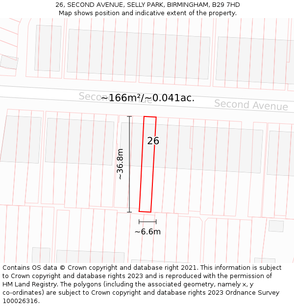 26, SECOND AVENUE, SELLY PARK, BIRMINGHAM, B29 7HD: Plot and title map