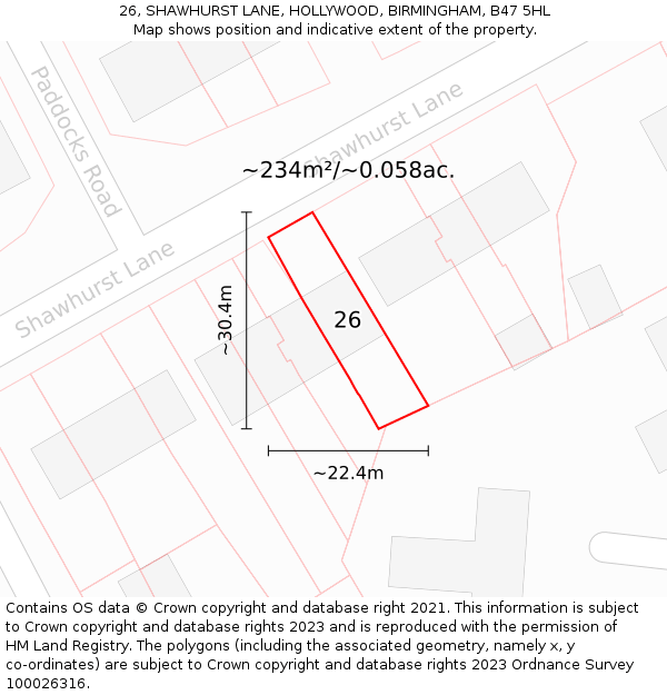 26, SHAWHURST LANE, HOLLYWOOD, BIRMINGHAM, B47 5HL: Plot and title map