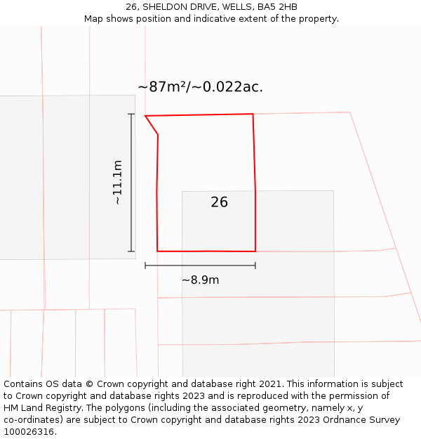 26, SHELDON DRIVE, WELLS, BA5 2HB: Plot and title map