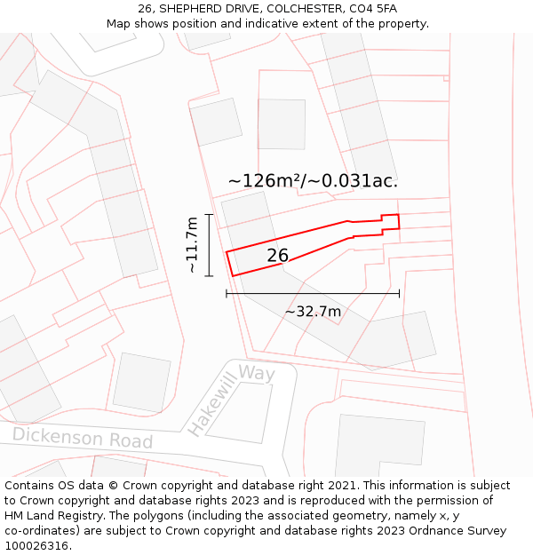 26, SHEPHERD DRIVE, COLCHESTER, CO4 5FA: Plot and title map