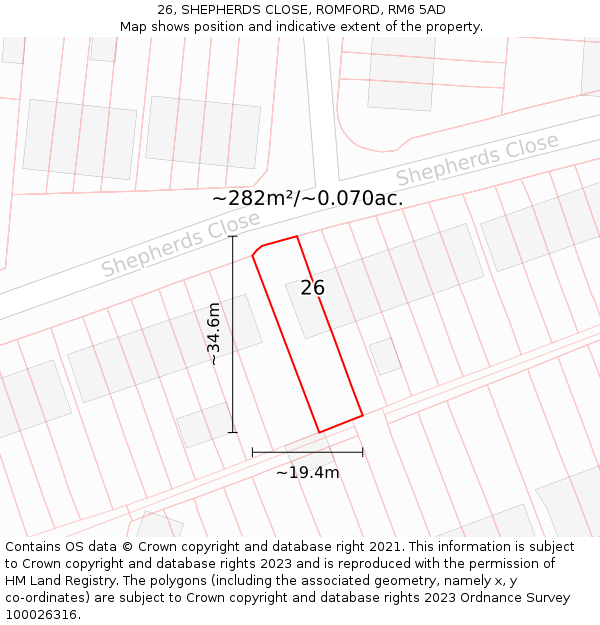 26, SHEPHERDS CLOSE, ROMFORD, RM6 5AD: Plot and title map