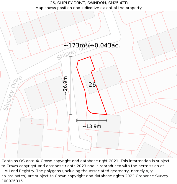 26, SHIPLEY DRIVE, SWINDON, SN25 4ZB: Plot and title map