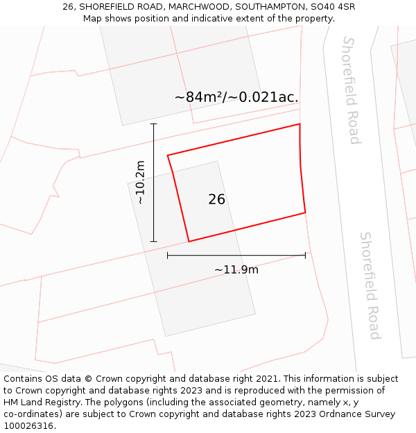 26, SHOREFIELD ROAD, MARCHWOOD, SOUTHAMPTON, SO40 4SR: Plot and title map