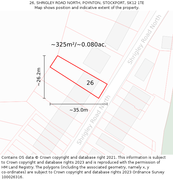 26, SHRIGLEY ROAD NORTH, POYNTON, STOCKPORT, SK12 1TE: Plot and title map