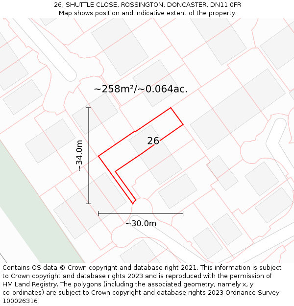 26, SHUTTLE CLOSE, ROSSINGTON, DONCASTER, DN11 0FR: Plot and title map