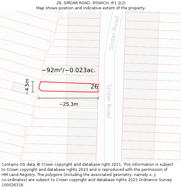26, SIRDAR ROAD, IPSWICH, IP1 2LD: Plot and title map