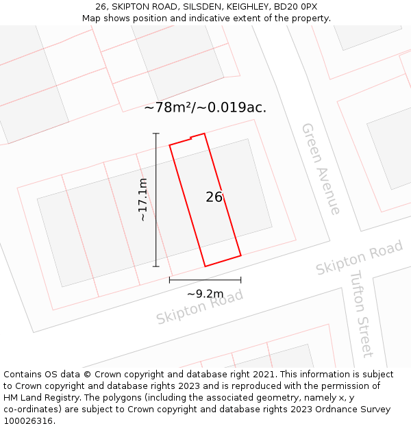 26, SKIPTON ROAD, SILSDEN, KEIGHLEY, BD20 0PX: Plot and title map