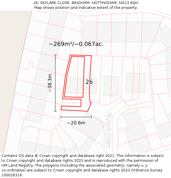26, SKYLARK CLOSE, BINGHAM, NOTTINGHAM, NG13 8QH: Plot and title map