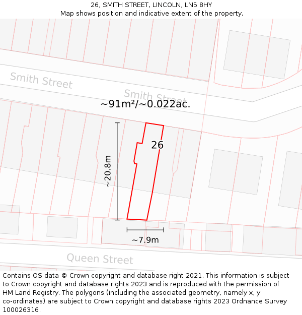26, SMITH STREET, LINCOLN, LN5 8HY: Plot and title map