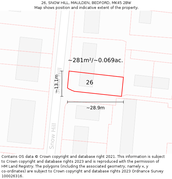 26, SNOW HILL, MAULDEN, BEDFORD, MK45 2BW: Plot and title map
