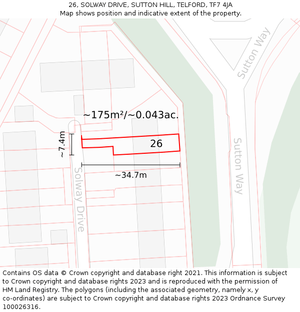 26, SOLWAY DRIVE, SUTTON HILL, TELFORD, TF7 4JA: Plot and title map