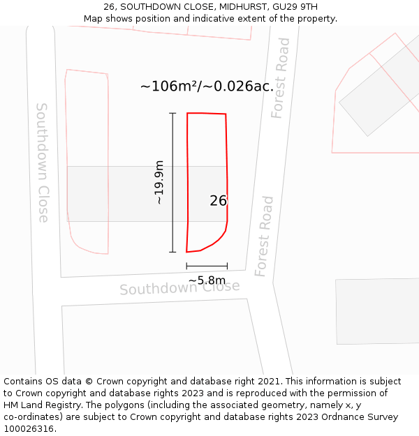 26, SOUTHDOWN CLOSE, MIDHURST, GU29 9TH: Plot and title map