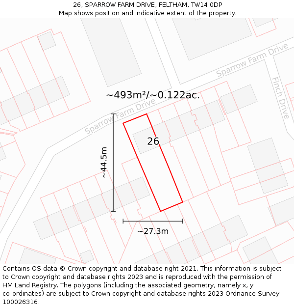 26, SPARROW FARM DRIVE, FELTHAM, TW14 0DP: Plot and title map